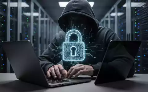 Verschwommene Gestalt in dunklem Hoodie tippt auf Laptop, leuchtendes Schloss-Symbol symbolisiert Datenschutzlücke. - Foto: über boerse-global.de
