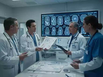 Ärzte und medizinisches Personal besprechen Patientendaten und medizinische Bilder auf einem digitalen Bildschirm in einem Krankenhaus. - Foto: über boerse-global.de