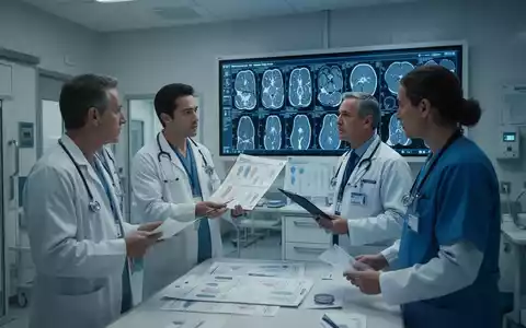 Ärzte und medizinisches Personal besprechen Patientendaten und medizinische Bilder auf einem digitalen Bildschirm in einem Krankenhaus. - Foto: über boerse-global.de
