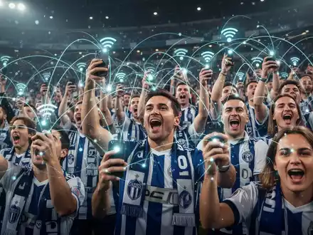 Fußballfans im Stadion, viele mit Smartphones, umgeben von digitalen Datenströmen, symbolisiert hohe mobile Datennutzung. - Foto: über boerse-global.de
