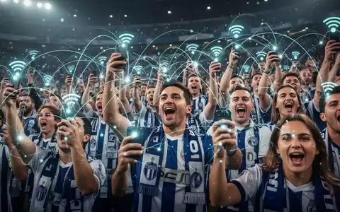 Fußballfans im Stadion, viele mit Smartphones, umgeben von digitalen Datenströmen, symbolisiert hohe mobile Datennutzung. - Foto: über boerse-global.de