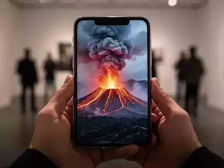 Ein Smartphone zeigt ein lebendiges Foto eines Vulkanausbruchs, gehalten von Händen in einem sanft beleuchteten, professionellen Umfeld. - Foto: über boerse-global.de