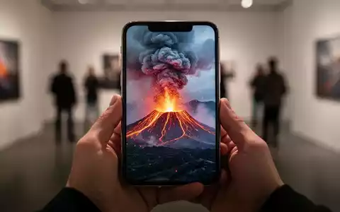Ein Smartphone zeigt ein lebendiges Foto eines Vulkanausbruchs, gehalten von Händen in einem sanft beleuchteten, professionellen Umfeld. - Foto: über boerse-global.de