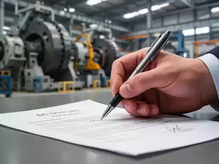 Nahaufnahme einer Hand, die einen Vertrag unterschreibt, mit verschwommenem Hintergrund von Industriemaschinen. - Foto: über boerse-global.de