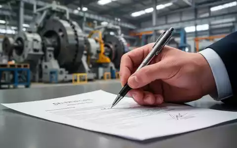 Nahaufnahme einer Hand, die einen Vertrag unterschreibt, mit verschwommenem Hintergrund von Industriemaschinen. - Foto: über boerse-global.de
