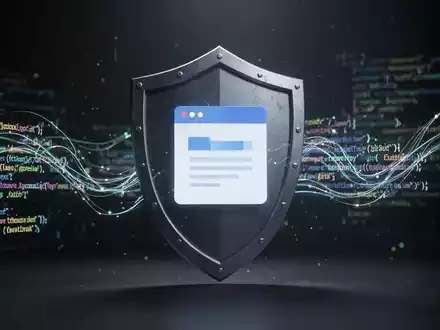 Ein digitaler Schild schützt ein Browser-Symbol mit fließendem Code, symbolisiert Cybersicherheit und Schutz vor Schwachstellen. - Foto: über boerse-global.de