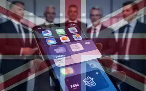 Smartphone-Bildschirm mit App-Icons und Zahlungsoberfläche, dezenter UK-Flaggen-Overlay, unscharfe Figuren im Hintergrund. - Foto: über boerse-global.de