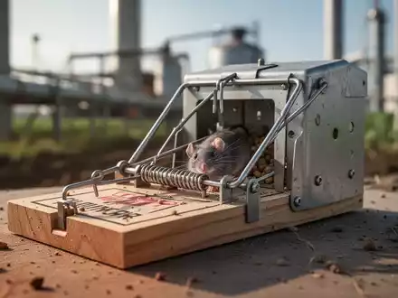 Eine Rattenfalle oder Köderstation in Nahaufnahme, im Hintergrund verschwommen eine Industrie- oder Agrarlandschaft. - Foto: über boerse-global.de