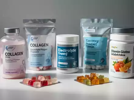 Eine Anordnung von Nahrungsergänzungsmitteln, darunter Kollagengetränke, Elektrolytpulver und Vitamin-Gummibärchen, auf einer sauberen Oberfläche. - Foto: über boerse-global.de
