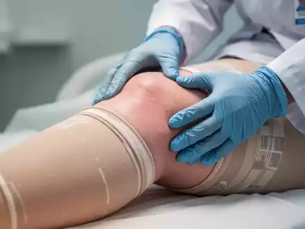 Nahaufnahme des Beins einer Patientin mit medizinischer Kompressionskleidung, von einer behandschuhten Hand eines Arztes untersucht. - Foto: über boerse-global.de