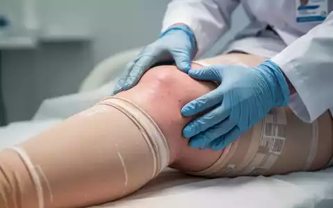 Nahaufnahme des Beins einer Patientin mit medizinischer Kompressionskleidung, von einer behandschuhten Hand eines Arztes untersucht. - Foto: über boerse-global.de