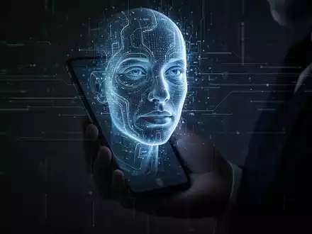 Eine Hand hält ein Smartphone, aus dem ein verzerrtes, holografisches Gesicht projiziert wird, das KI-Betrug und Stimmklonung symbolisiert. - Foto: über boerse-global.de