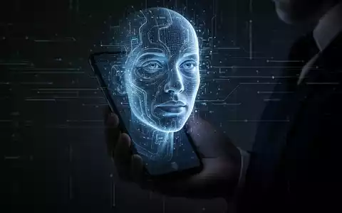 Eine Hand hält ein Smartphone, aus dem ein verzerrtes, holografisches Gesicht projiziert wird, das KI-Betrug und Stimmklonung symbolisiert. - Foto: über boerse-global.de