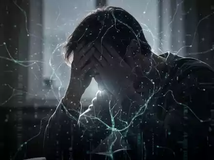 Eine Person mit gesenktem Kopf, Hände am Kopf, umgeben von leuchtenden, abstrakten digitalen Mustern, die digitalen Stress und KI-Einfluss symbolisieren. - Foto: über boerse-global.de