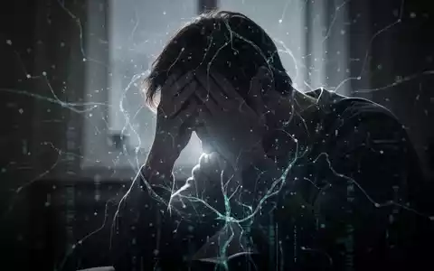 Eine Person mit gesenktem Kopf, Hände am Kopf, umgeben von leuchtenden, abstrakten digitalen Mustern, die digitalen Stress und KI-Einfluss symbolisieren. - Foto: über boerse-global.de