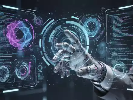 Eine Hand interagiert mit einem holografischen Interface, das KI-generierte Designelemente und Code zeigt, symbolisiert KI im App-Design. - Foto: über boerse-global.de