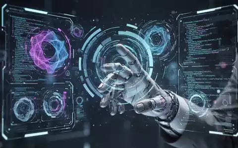Eine Hand interagiert mit einem holografischen Interface, das KI-generierte Designelemente und Code zeigt, symbolisiert KI im App-Design. - Foto: über boerse-global.de