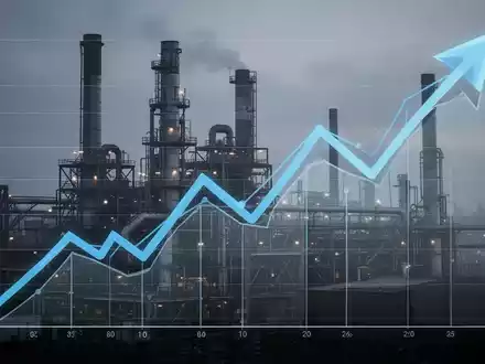 Eine Grafik zeigt einen deutlichen Abwärtstrend, mit angedeuteten Fabrikgebäuden im Hintergrund, die Industrie und Arbeit symbolisieren. - Foto: über boerse-global.de