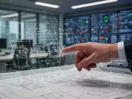 Eine Hand zeigt auf einen Bauplan für Brandmeldeanlagen mit digitalen Überlagerungen, die Sicherheit und Datenfluss darstellen. - Foto: über boerse-global.de