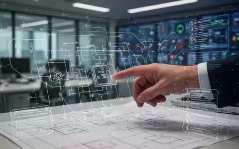 Eine Hand zeigt auf einen Bauplan für Brandmeldeanlagen mit digitalen Überlagerungen, die Sicherheit und Datenfluss darstellen. - Foto: über boerse-global.de