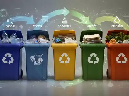 Eine grafische Darstellung der Mülltrennung mit farbigen Behältern für Plastik, Papier und Bioabfall, überlagert mit Daten zur Kreislaufwirtschaft. - Foto: über boerse-global.de