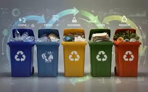 Eine grafische Darstellung der Mülltrennung mit farbigen Behältern für Plastik, Papier und Bioabfall, überlagert mit Daten zur Kreislaufwirtschaft. - Foto: über boerse-global.de