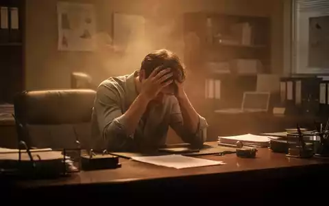Eine erschöpfte Person sitzt in einem warmen, schwach beleuchteten Büro am Schreibtisch und hält den Kopf in den Händen, was die Auswirkungen von Hitze auf die psychische Gesundheit symbolisiert. - Foto: über boerse-global.de