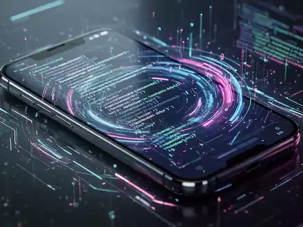 Nahaufnahme eines modernen Smartphone-Bildschirms mit abstraktem digitalem Code und einer futuristischen Betriebssystem-Oberfläche. - Foto: über boerse-global.de