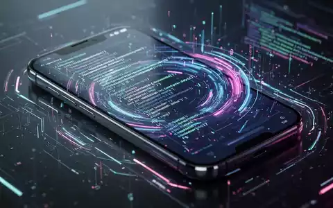 Nahaufnahme eines modernen Smartphone-Bildschirms mit abstraktem digitalem Code und einer futuristischen Betriebssystem-Oberfläche. - Foto: über boerse-global.de