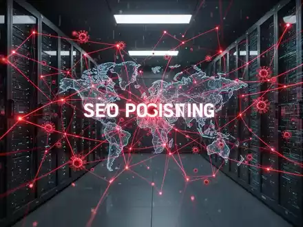 Abstrakte Darstellung einer digitalen Bedrohung mit glühenden roten Linien über einem dunklen Serverraum, symbolisiert Malware-Verbreitung und SEO-Vergiftung. - Foto: über boerse-global.de