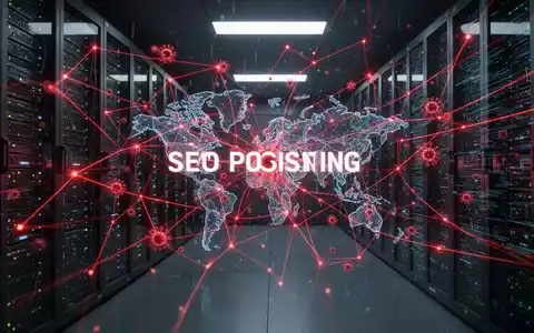 Abstrakte Darstellung einer digitalen Bedrohung mit glühenden roten Linien über einem dunklen Serverraum, symbolisiert Malware-Verbreitung und SEO-Vergiftung. - Foto: über boerse-global.de