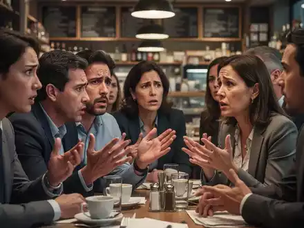Eine Gruppe von Menschen in einem Restaurant oder Geschäft, die besorgt diskutieren, was finanzielle Unsicherheit symbolisiert. - Foto: über boerse-global.de