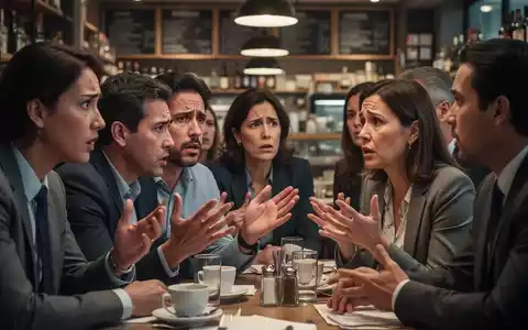Eine Gruppe von Menschen in einem Restaurant oder Geschäft, die besorgt diskutieren, was finanzielle Unsicherheit symbolisiert. - Foto: über boerse-global.de
