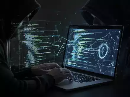 Verschattete Gestalt in Kapuzenjacke tippt auf Laptop, komplexer Code leuchtet auf dem Bildschirm, symbolisiert Cybersicherheitsbedrohungen. - Foto: über boerse-global.de