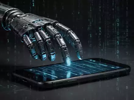 Eine stilisierte, bedrohliche Android-Roboterhand greift nach einem Smartphone, mit digitalem Code überlagert. - Foto: über boerse-global.de