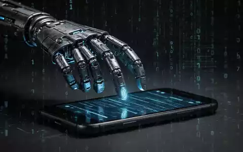 Eine stilisierte, bedrohliche Android-Roboterhand greift nach einem Smartphone, mit digitalem Code ĂŒberlagert. - Foto: ĂŒber boerse-global.de