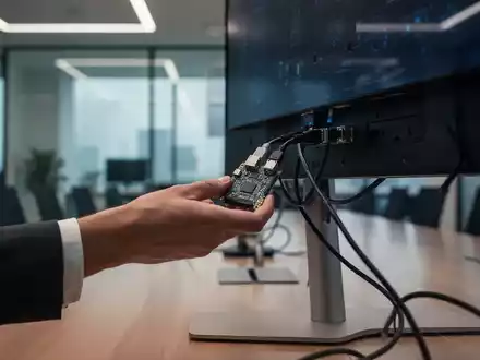 Eine Hand steckt diskret ein kleines Gerät in einen Ethernet-Anschluss hinter einem Monitor in einem Bürokonferenzraum. - Foto: über boerse-global.de