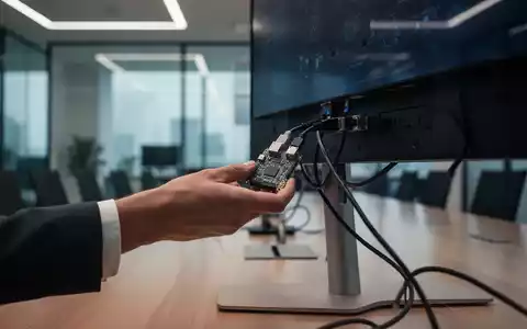 Eine Hand steckt diskret ein kleines Gerät in einen Ethernet-Anschluss hinter einem Monitor in einem Bürokonferenzraum. - Foto: über boerse-global.de