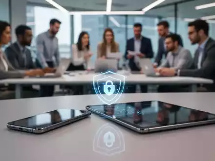 Ein modernes Smartphone und Tablet liegen auf einem Schreibtisch, umgeben von einer unscharfen Büroumgebung, die mobiles Arbeiten symbolisiert. - Foto: über boerse-global.de