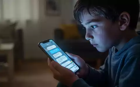 Ein Kind blickt nachdenklich auf ein Smartphone, dessen Bildschirm ein Chatbot-Interface zeigt, umgeben von einer leicht verschwommenen häuslichen Umgebung. - Foto: über boerse-global.de