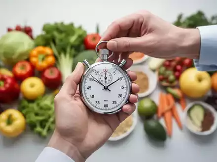 Eine Hand hält eine Stoppuhr über einer unscharfen Anordnung von gesundem Obst und Gemüse, die Intervallfasten symbolisiert. - Foto: über boerse-global.de