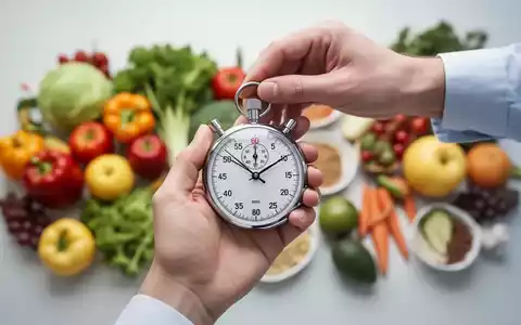 Eine Hand hält eine Stoppuhr über einer unscharfen Anordnung von gesundem Obst und Gemüse, die Intervallfasten symbolisiert. - Foto: über boerse-global.de