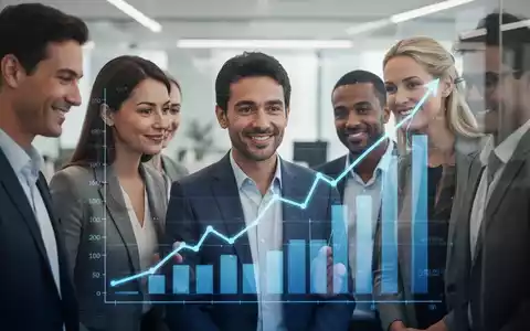 Eine vielfältige Gruppe von Menschen blickt auf ein digitales Diagramm mit einem Aufwärtstrend in einem modernen Büro. - Foto: über boerse-global.de