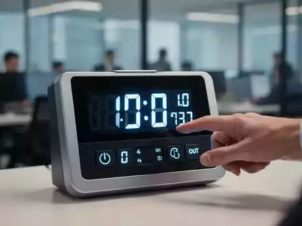 Eine Nahaufnahme einer digitalen Zeiterfassungsuhr mit einer Hand, die bereit ist, sich ein- oder auszustempeln, im Hintergrund ein unscharfes Büro. - Foto: über boerse-global.de