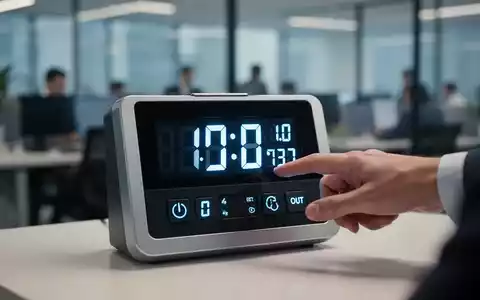 Eine Nahaufnahme einer digitalen Zeiterfassungsuhr mit einer Hand, die bereit ist, sich ein- oder auszustempeln, im Hintergrund ein unscharfes Büro. - Foto: über boerse-global.de