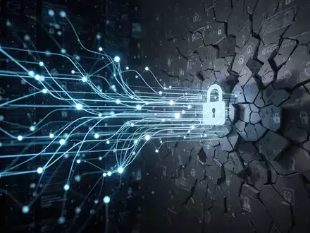 Digitale Illustration von sicherem Datenfluss und Netzwerkschwachstellen mit leuchtend blauen Linien und abstrakten Schnittstellen. - Foto: über boerse-global.de