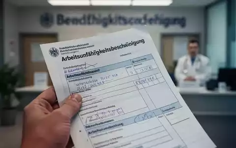 Eine Hand hält eine ärztliche Arbeitsunfähigkeitsbescheinigung, im Hintergrund verschwommen ein Arztpraxis oder Regierungsgebäude. - Foto: über boerse-global.de
