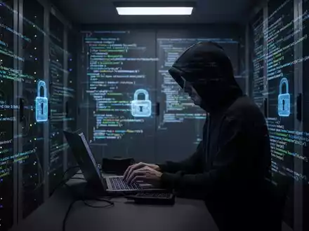 Verschattete Gestalt in dunklem Hoodie tippt auf Laptop in schwach beleuchtetem Serverraum mit projiziertem Code und digitalen Schlössern. - Foto: über boerse-global.de