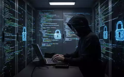 Verschattete Gestalt in dunklem Hoodie tippt auf Laptop in schwach beleuchtetem Serverraum mit projiziertem Code und digitalen Schlössern. - Foto: über boerse-global.de