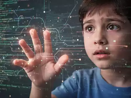 Eine Kinderhand berührt eine leuchtende digitale Oberfläche, im Hintergrund abstrakte Datenströme, die den Einfluss von KI auf die Jugend symbolisieren. - Foto: über boerse-global.de